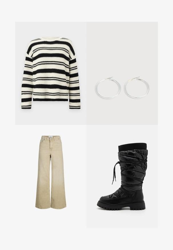 Pullover en tricot noir et blanc à rayures horizontales, avec des manches longues et un col rond.; Jean beige à taille haute et jambes larges, avec bouton et fermeture éclair à l'avant, passants pour ceinture et poches avant.; Bottes noires montantes en cuir avec une texture matelassée, dotées d'un laçage, d'un revers côtelé contrastant en haut et d'une semelle épaisse et robuste.; Paire de boucles d'oreilles créoles argentées brillantes avec fermoirs en fil fin, présentée sur un fond gris clair.