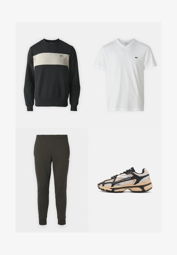 Sweat-shirt noir avec un panneau horizontal beige, des poignets et un col côtelés. Présente un petit logo vert sur la poitrine. Matière en coton douce.; T-shirt en coton blanc avec un col en V, des manches courtes et un petit logo de crocodile vert sur la poitrine gauche. Design simple et léger.; Jogging en vert foncé en tissu doux, avec une taille élastique, des poignets côtelés et un petit logo sur le côté.; Baskets Lacoste en noir, beige et argent. Comprend des matériaux en maille et synthétiques, un bout arrondi, des lacets et une semelle en caoutchouc texturée.