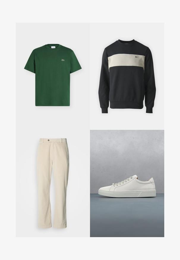 Sweat-shirt noir avec un panneau horizontal beige, des poignets et un col côtelés. Présente un petit logo vert sur la poitrine. Matière en coton douce.; T-shirt en coton vert foncé à manches courtes, col rond, avec petit logo crocodile Lacoste sur le côté gauche de la poitrine.; Pantalon en velours côtelé beige avec fermeture à bouton et à fermeture éclair, passants de ceinture et coupe droite sur fond blanc.; Baskets en cuir blanc avec un bout arrondi, design minimaliste, lacets gris et semelle en caoutchouc gris texturé. Détails de couture subtils visibles.