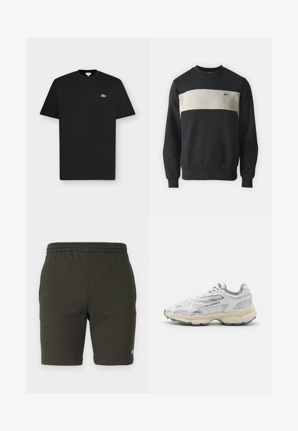 Schwarzer Sweatshirt mit einem beigen horizontalen Streifen, gerippten Bündchen und Halsauschnitt. Verfügt über ein kleines grünes Logo auf der Brust. Weiches Baumwollmaterial.; Schwarzes kurzärmliges T-Shirt mit Rundhalsausschnitt und kleinem grünem Krokodil-Logo auf der linken Brust auf hellgrauem Hintergrund.; Dunkelgrüne Shorts mit elastischem Bund aus weichem Stoff. Hat einen geraden Schnitt, hemmen die Beine und zeigt ein kleines Logo auf der unteren rechten Seite.; Weiße Sportschuhe mit grauen Akzenten, Obermaterial aus Mesh und Synthetik, Schnürdesign und rutschfester Gummisohle mit Strukturmustern.
