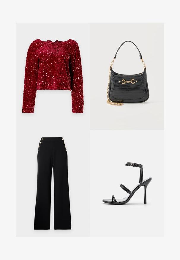 Haut à manches longues en sequins rouges avec un col rond et un détail noué à l'arrière. Le tissu a une finition brillante et texturée.; Pantalons noirs taille haute à jambe large avec des boutons en or sur le devant et des poches sur les deux hanches sur un fond blanc.; Sandales à talons hauts en cuir verni noir avec trois sangles horizontales et une sangle de cheville ajustable. Silhouette élégante et finition brillante.; Sac à main en cuir verni noir avec détail mors doré, petite bandoulière en cuir et chaîne dorée amovible sur fond blanc.