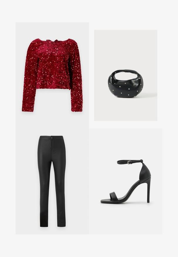 Punane sädelev pikakäistega topp, millel on ümar krae ja seotud detail taga. Kude on läikiv ja tekstuuriga.; Mustad mustad leggings, mis on valmistatud elastsemast ja siledast materjalist ning millel on napilt istuv disain, esipaneelil nööp ja tõmblukk, ning sirged sääred.; Mustad must kõrge kontsaga sandaal, millel on sile disain, sääre rihm, avatud varvas ja sile nahk tekstuur.; Mustast nahast ümmarguse kujuga käekott, kaunistatud hõbedaste naeladega, lühikese sangaga. Sile tekstuur ja tõmblukuga sulgemine.