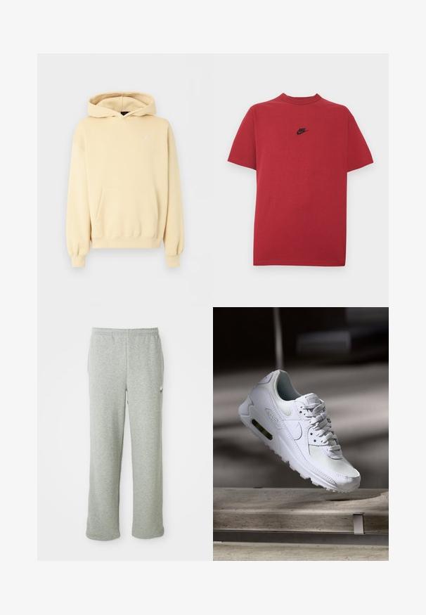 Sweat à capuche beige avec poche kangourou à l'avant et petit logo Jordan blanc sur la poitrine gauche, présenté sur fond uni.; T-shirt en coton rouge avec un logo Nike noir sur la poitrine, manches courtes, col rond et coupe régulière. Texture lisse.; Pantalon de jogging gris en tissu mélangé de coton doux, avec une taille élastique, une coupe droite et un petit logo sur le côté gauche.; Sneaker Nike Air Max 90 blanche avec une tige en mesh et cuir, une boîte à orteils perforée et une unité air visible au talon.