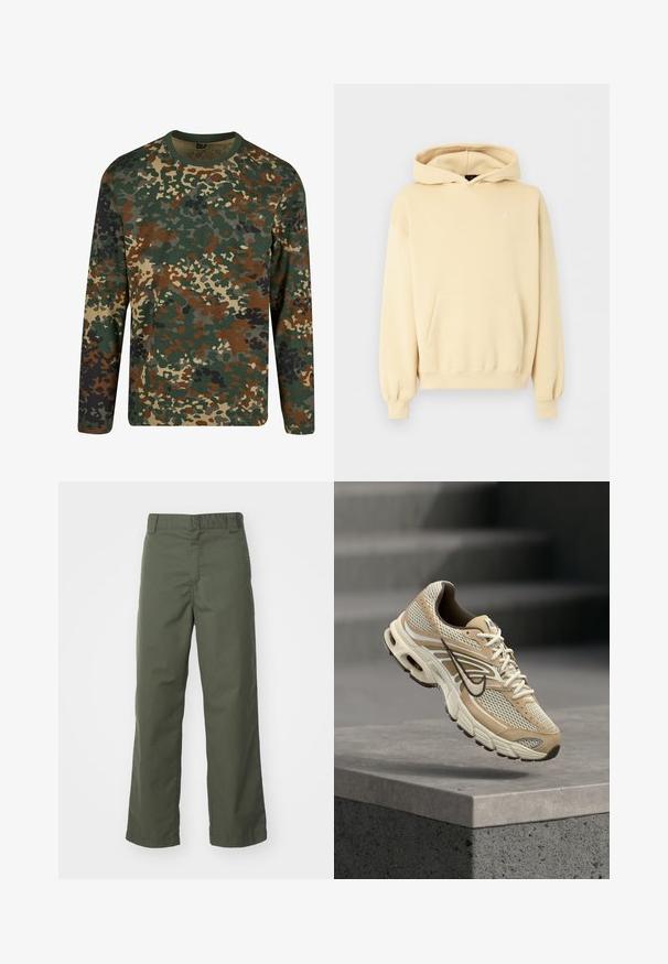 Beiger Kapuzenpullover mit Fronttasche und kleinem weißen Jordan-Logo auf der linken Brust, dargestellt vor einfachem Hintergrund.; Langärmliges Camouflage-T-Shirt in Grün, Braun und Beige mit einem runden Ausschnitt. Es verfügt über ein gemischtes Muster aus unregelmäßigen Flecken und Texturen.; Olivgrüne gerade geschnittene Hose aus Baumwolle. Verfügt über eine glatte Textur, flachen Bund und einen standardmäßigen Taillenbund mit Gürtelschlaufen.; Beiger und weißer Nike Laufschuh mit Mesh-Paneelen und schwarzem Swoosh, schwebt über einem Betonsims mit unscharfen Treppen im Hintergrund.