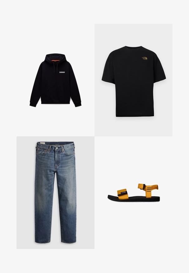 Schwarzer Kapuzenpullover aus Baumwollmischmaterial, mit einer Fronttasche, Kordelzugkapuze und weißem Aufdrucklogo auf der Brust.; Schwarzes Kurzarm-T-Shirt aus Baumwolle mit Rundhalsausschnitt. Verfügt über ein goldenes Logo auf der linken Brust. Klassische Passform mit glatter Textur.; Dunkelblaue Jeans aus Denim mit lockerem Sitz, geraden Beinen, Fünf-Taschen-Design und dezentem Used-Look an den Oberschenkeln. Silberner Knopf und Nieten.; Gelbe Stoffsandale mit zwei verstellbaren Riemen, schwarzer Gummisohle, strukturiertem Fußbett und weißem Außensohlen-Detail. Seitenansicht.