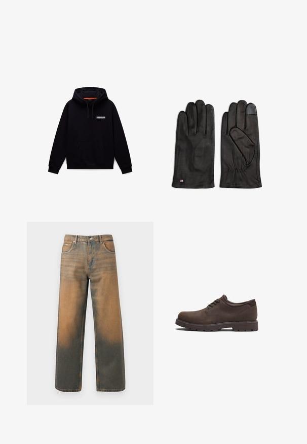 Sort hættetrøje lavet af en bomuldsblanding, med en frontlomme, snor i hætten og hvidt trykt logo på brystet.; Videbenede jeans i slidte blå og brune denim. Har høj talje, forlommer og en klassisk knaplukning med metaldetaljer.; Brune lædersko med rund tå og snørebåndsdesign. Har en tekstureret overflade og en gummisål med høj trækkraft. Diskret logo på siden.; Par sorte læderhandsker, hvor den ene viser håndfladen og den anden bagsiden, med touchscreen-kompatibelt materiale på pegefingeren.
