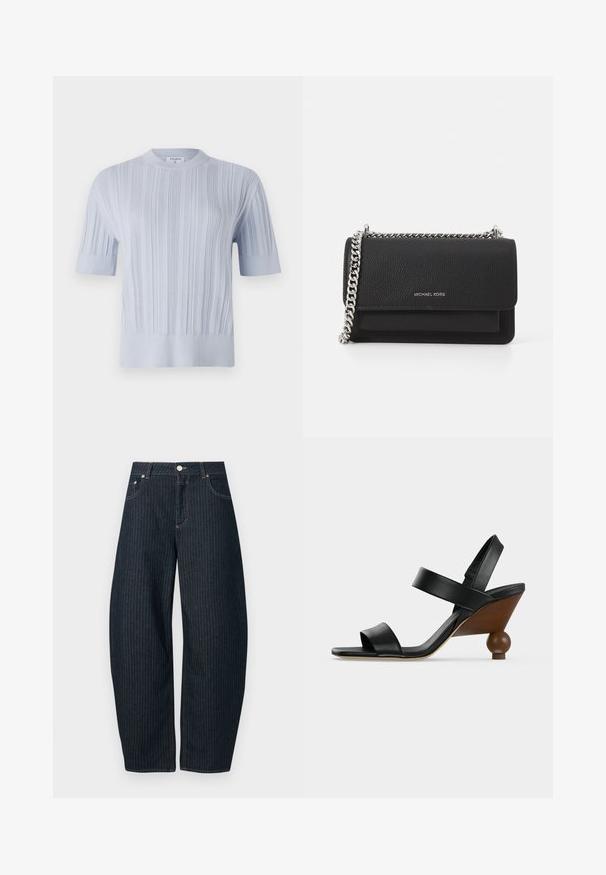 Lichtblauw, kort mouwend, gebreid topje met verticale ribbelstructuur en een ronde halslijn. De stof vertoont subtiele details met een fitted zoom.; CLOSED JAZZIE - Relaxed fit jeans - dark blue; Zwarte leren open sandaal met twee bandjes en een houten sleehak met een ronde bolvormige basis.; Zwarte leren schoudertas met een gestructureerde afwerking, zilverkleurige kettingriem, flapsluiting en geprezen logo aan de voorkant.