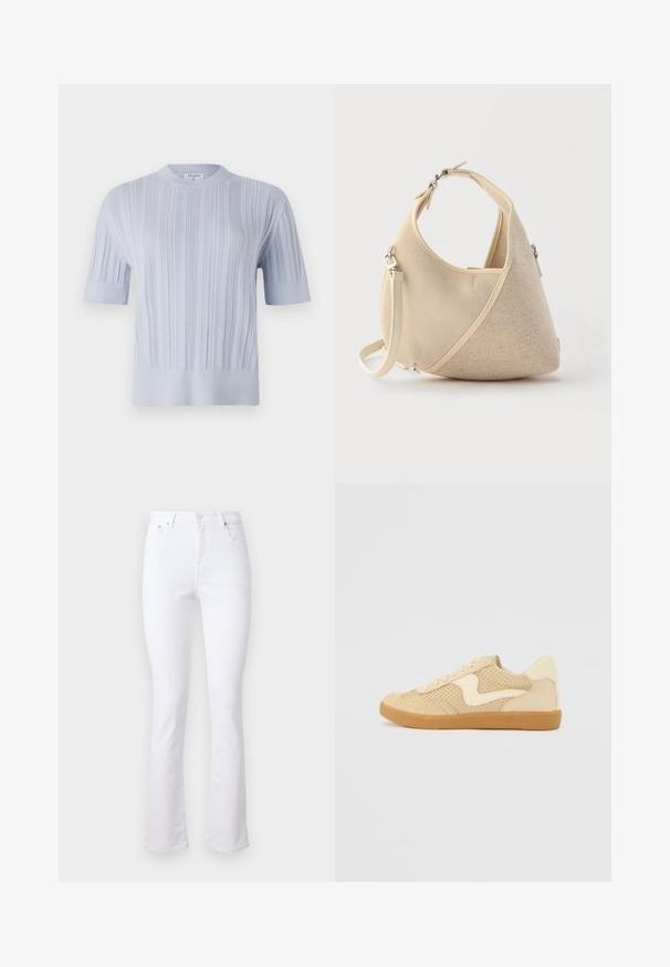 Helles blaues kurzärmliges Strickoberteil mit vertikaler Rippstruktur und Rundhalsausschnitt. Der Stoff zeigt dezente Details mit einem taillierten Saum.; Weiße Denim-Jeans mit weitem Bein, hoher Taille, vier Taschen und einer Knopfverschluss vorne. Sie verfügen über eine glatte Textur und saubere Säume.; Beige Sneaker aus Wildleder und Mesh-Materialien, runde Form, auffälliger gepolsterter Kragen und eine Sohle aus Gummi. Verfügt über ein wellenförmiges Design-Highlight.; Beige handtasche in halbmondform mit gemischten stoffstrukturen, kurzem griff und abnehmbarem schulterriemen vor hellem hintergrund.