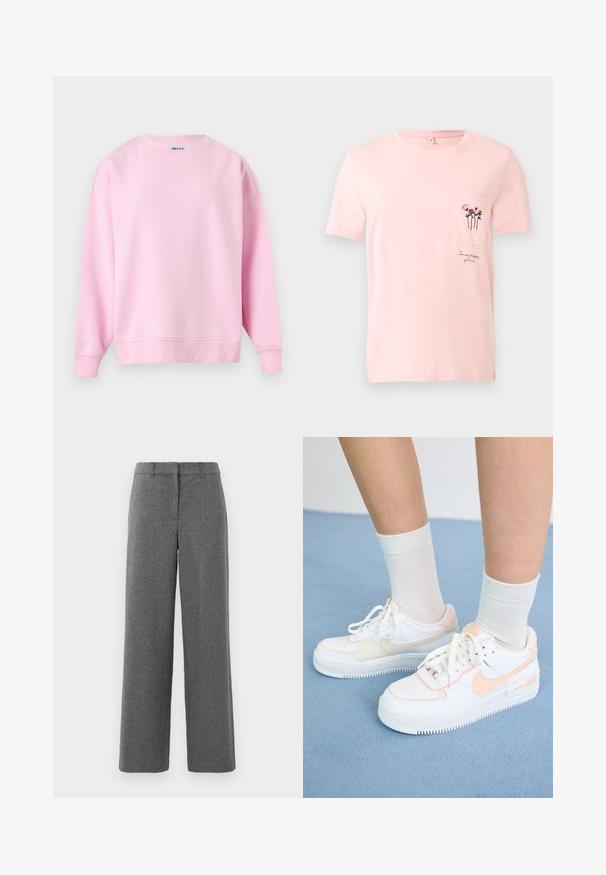 Lyserød langærmet crewneck sweatshirt med ribmanchetter og ribkant nederst, vist på en hvid baggrund.; Lyserød T-shirt med korte ærmer og en lille brystlomme med tre broderede blomster og teksten "I min glædeshave."; Grå bukser med et tekstureret, vævet materiale. Bredbenet design, flad front og ingen synlige hardware eller accenter. Egnet til formel påklædning.; Hvide sneakers med ferskenfarvede detaljer, glat læderoverdel, perforeret tå, struktureret sål og snørebånd. Båret med hvide ankelstrømper på en blå overflade.