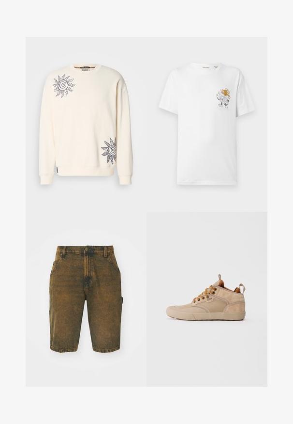 Cremfarbener Sweatshirt mit langen Ärmeln, mit marineblauen Sonnenmotiven auf der linken Brust und der unteren rechten Seite. Weicher Stoff.; Weißes Baumwoll-T-Shirt mit kurzen Ärmeln, das ein grafisches Cartoon-Motiv in Grau und bunten Akzenten auf der linken Brust zeigt.; Jeansshorts in einem verblassten Braunton mit einer leicht abgenutzten Oberfläche. Mit Gürtelschlaufen, Vordertaschen und einer seitlichen Cargo-Tasche.; Beige Wildleder- und Canvas-Mid-Top-Sneaker mit braunen Schnürsenkeln, Zuglaschen und Gummisohle, die an der Seite mit "Globe" versehen sind.