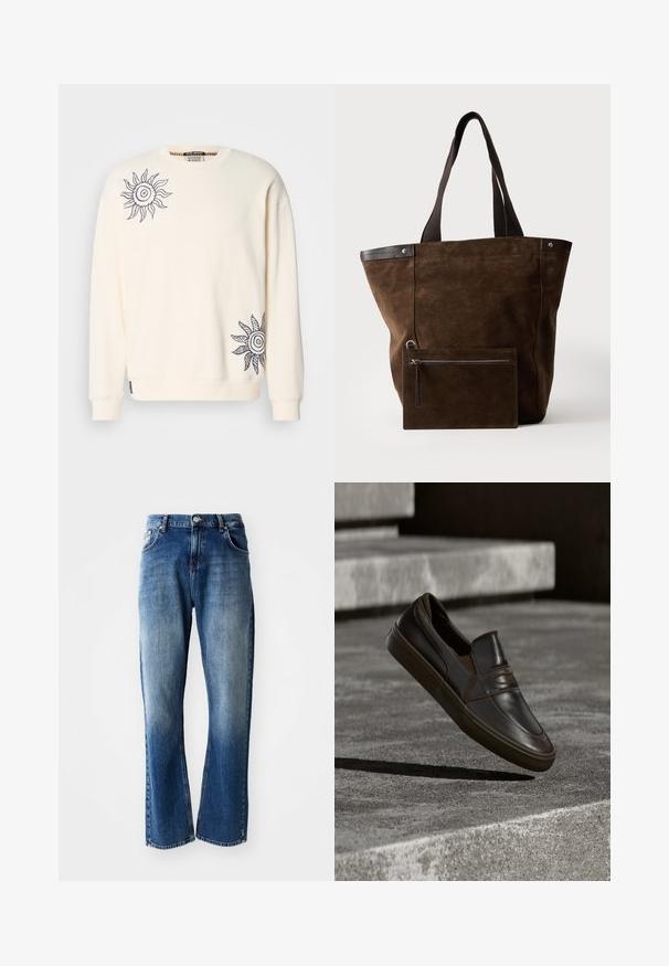 Sweatshirt couleur crème à manches longues, avec des motifs de soleil bleu marine sur la poitrine gauche et le bas à droite. Texture de tissu douce.; Jean en denim à coupe droite, délavage bleu clair et foncé avec des zones usées, cinq poches et une fermeture à bouton.; Chaussure à enfiler en cuir brun foncé flottant au-dessus de marches en béton avec une surface texturée et une ombre portée en dessous.; Sac cabas en daim marron foncé avec des poignées noires et une pochette rectangulaire zippée assortie fixée à l'avant.