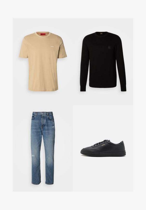 Sort strikcardigan med lange ærmer, rund halsudskæring og et lille tekstureret logo-patch på brystet. Glat tekstur over det hele.; Beige bomulds t-shirt med rund halsudskæring, korte ærmer og et lille hvidt "HUGO" logo på brystet. Glat tekstur uden mønstre.; Lyseblå denim jeans med lige ben-design, der har en knap- og lynlåslukning, fem lommer og slidte detaljer ved knæet.; Sorte lædersneakers med en glat overflade, rund tå, flad gummisål og tonede snørebånd. Udstyret med guld "BOSS" branding på siden.