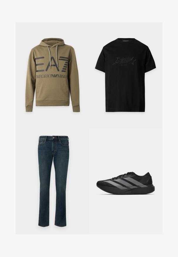 Sweat à capuche vert olive avec grand logo noir EA7 Emporio Armani, poche kangourou à l'avant et capuche réglable avec cordon.; T-shirt noir à manches courtes avec un logo Emporio Armani Music District noir brodé subtilement et une étoile sur la poitrine.; Jean en denim droit bleu foncé avec fermeture à bouton et à glissière, poches avant et arrière, et un léger délavage sur les cuisses.; Chaussures de sport noires au design léger, présentant trois rayures grises marquées, une texture lisse et une semelle profilée.