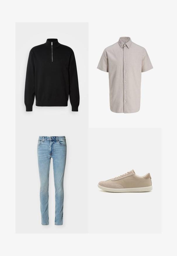 Sort zip-krave sweater lavet af glat stof med høj krave og lange ærmer, med et diskret logo på brystet.; Kortærmet beige skjorte med knapper foran og spidst krave, lavet af let stof.; Lyseblå slim fit denimjeans med knaplukning foran, lynlås og fem lommer, vist mod en hvid baggrund.; Beige sneakers lavet af en blanding af ruskind og lærred, med snørebånd, rund tå, textureret sål og et subtilt brandlogo på siden.