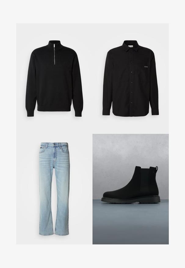 Sort zip-krave sweater lavet af glat stof med høj krave og lange ærmer, med et diskret logo på brystet.; Sort langærmet skjorte lavet af bomuld, med knaplukning foran, to brystlommer og et lille logo på den venstre lomme.; Lyseblå denimjeans med lige ben, der har fem lommer, knaplukning og en subtil falmning på stoffet.; Sort ankelstøvle lavet af glat materiale med diskrete syninger, en gummisål og et strømlinet design, placeret over en overflade med træstruktur.