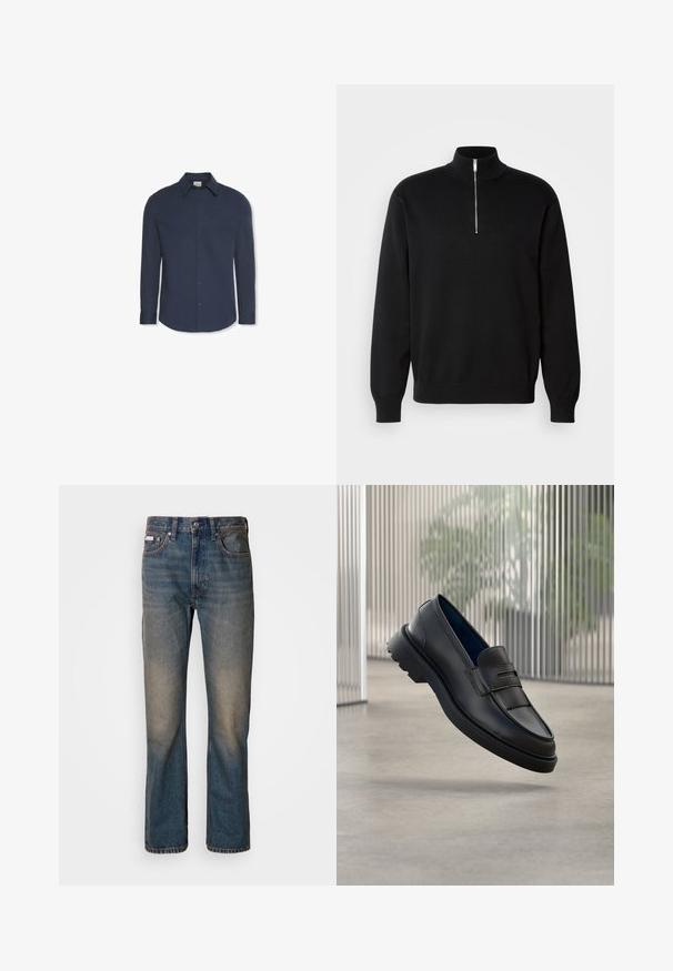 Sweater negro con cuello alto y cierre tipo cremallera, fabricado en tejido suave. Presenta mangas largas y un logo sutil en el pecho.; Camisa azul marino de manga larga con botones, cuello y puños, con una etiqueta de Calvin Klein dentro del cuello.; Vaqueros de tiro alto en denim azul, con un diseño de pierna recta, parches desgastados y descoloridos, y un estilo tradicional de cinco bolsillos.; Mocasines de cuero negro con acabado liso, que presentan una correa decorativa y un panel texturizado en la parte delantera, y una suela de goma texturizada.