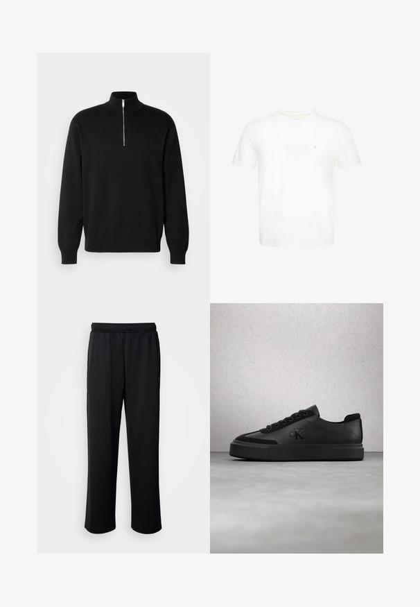 Pull à col zippé noir en tissu lisse, avec un col haut et des manches longues, et un logo discret sur la poitrine.; T-shirt blanc à manches courtes et col rond avec un petit logo "ck" brodé sur la poitrine gauche.; Pantalons de sport noirs en tissu doux et respirant. Dotés d'une taille élastique et de jambes droites sans accents ni motifs marquants.; Baskets basses noires à lacets avec logo embossé, flottant au-dessus d'un sol en béton poli près d'un mur en verre.