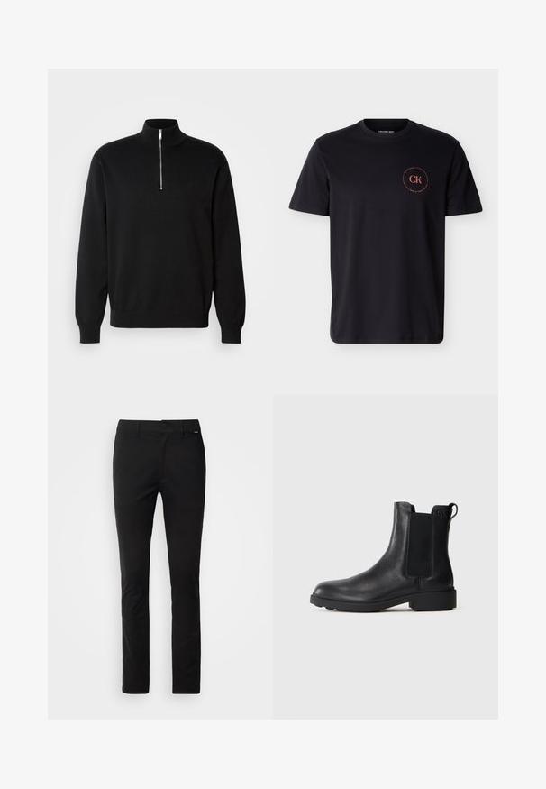Sweater negro con cuello alto y cierre tipo cremallera, fabricado en tejido suave. Presenta mangas largas y un logo sutil en el pecho.; Camiseta negra de manga corta con cuello redondo, con un pequeño logo circular rojo "CK Calvin Klein" en el pecho izquierdo.; Pantalones negros de corte recto, hechos de tela suave. Cuentan con una cinturilla estándar con cremallera delantera y una pequeña etiqueta de la marca en un lado.; Botín negro de cuero hasta el tobillo con paneles laterales elásticos, tirador en el talón y suela baja de bloque sobre un fondo liso.