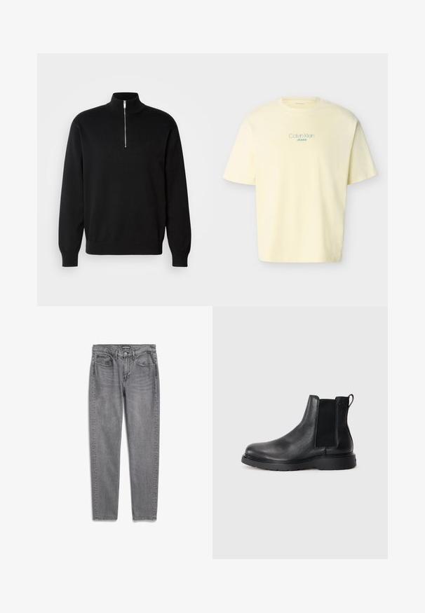 Zwarte ritsnektrui van gladde stof, met een hoge kraag en lange mouwen, voorzien van een subtiele logo op de borst.; Lichtgeel T-shirt met korte mouwen en blauwe "Calvin Klein JEANS" tekst in het midden van de borst, effen achtergrond.; Grijze spijkerbroek van denim met een rechte pijp, vijf zakken, subtiele vervaging en een rits. Kenmerkt zich door contrasterende stiksels en een gebrandmerkte tailleband.; Zwarte leren Chelsea boots met een gestructureerde afwerking, elastische zijpanelen en een stevige rubberen zool. Subtiele branding op de hiel.