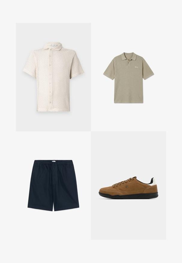 Beige polo-shirt med korte ærmer, krave, to-knaps slids, tekstureret stof og lille hvidt broderet logo på venstre bryst.; Kortærmet, lysebeige skjorte med knapper lavet af tekstureret, åbent strikket stof med krave og fem knapper nedad. ; Marineblå herreshorts med elastisk talje, sidelommer og lige snit, vist fladt på hvid baggrund.; Brune ruskind sneakers med sort gummisål, snørebånd foran og hvide detaljer på hælen. Glat tekstur med syede detaljer.
