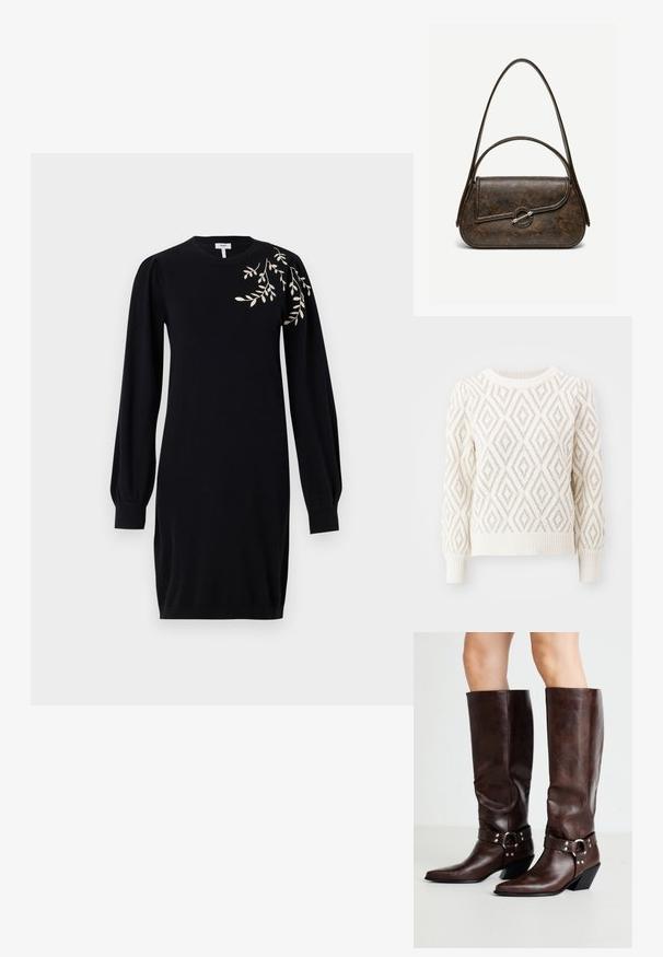 ONLY ONLFIE O NECK GLITTER - Neule - birch/pale gold; Object Knitted OBJTHESS - Neulemekko - black; RAID NEVIS - Biker-/cowboysaappaat - brown; Tummanruskea, teksturoidusta nahasta valmistettu käsilaukku, jossa on kaksi hihnaa, pyöristetyn suorakaiteen muoto ja hopeanvärinen pyöreä solkilukko edessä olevan läpän sulkemiseen.