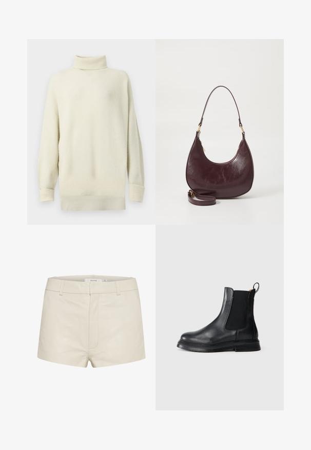 Crèmekleurige coltrui met geribbelde textuur, losse pasvorm en verlaagde schouders. Voorzien van lange mouwen en een rechte zoom.; Beige leren shorts met een gladde textuur, voorzien van een aansluitende taille, riemlussen en subtiele stiksels aan de voorkant. Eenvoudig, hedendaags ontwerp.; Zwarte leren Chelsea-boot met elastische zijkanten, ronde neus en een gestructureerde zwarte rubberen zool. Voorzien van een trekband voor eenvoudig aan- en uittrekken.; Bordeaux leren schoudertas met een gebogen vorm, ritsluiting en een afneembare strap. Kenmerkt zich door een gladde textuur en gouden hardware accenten.