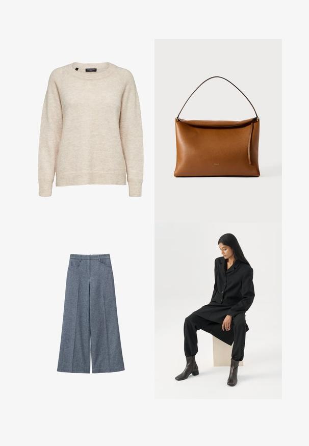 Beiger Pullover mit langen Ärmeln aus Wollmischung, Rundhalsausschnitt, gerippte Bündchen und Saum, mittlere Größe, Etikett mit der Aufschrift "Selected Femme."; Graue Woll-Hose mit weitem Bein und glatter Textur, ausgestattet mit einer hohen Taille, zwei Seitentaschen und dezenten Falten.; Frau mit langen dunklen Haaren sitzt, trägt einen lockeren schwarzen Blazer, passende weite Hosen und dunkle Stiefeletten vor einem schlichten weißen Hintergrund.; Rechteckige, hellbraune Ledertasche mit einem einzelnen Trageriemen und einem oberen Reißverschluss vor einem schlichten weißen Hintergrund.