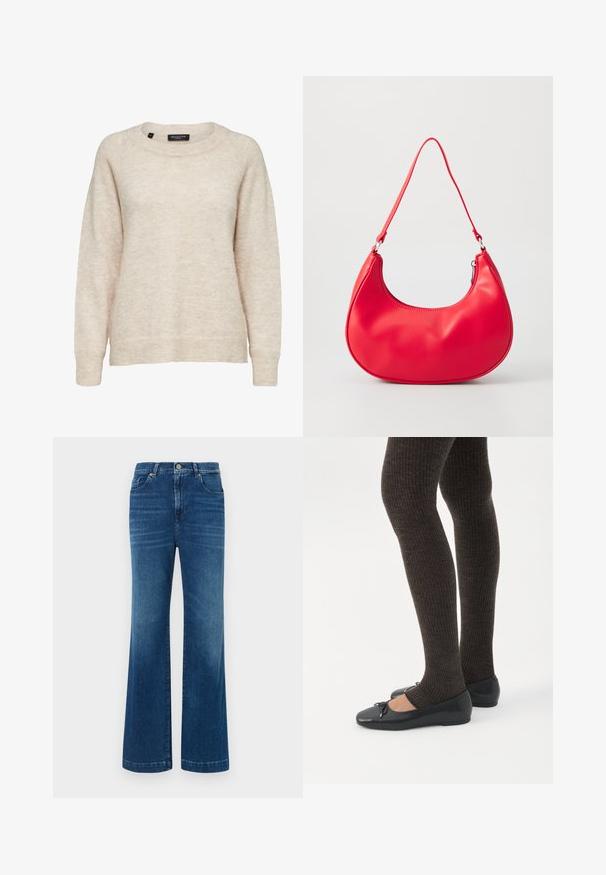 Jersey beige de manga larga de mezcla de lana con cuello redondo, puños y bajo acanalados, talla mediana, etiqueta con la inscripción "Selected Femme."; Jeans de mezclilla azul de pierna ancha con una cintura alta, cinco bolsillos y un cierre de botón clásico. La tela tiene una textura suave y ligeramente deslavada.; Piernas con leggings oscuros acanalados combinados con bailarinas negras que presentan pequeños detalles de lazo sobre un fondo blanco.; Bolso de hombro de piel sintética roja con forma curvada, correa delgada y cierre de cremallera. Textura suave con detalles de costura visibles.