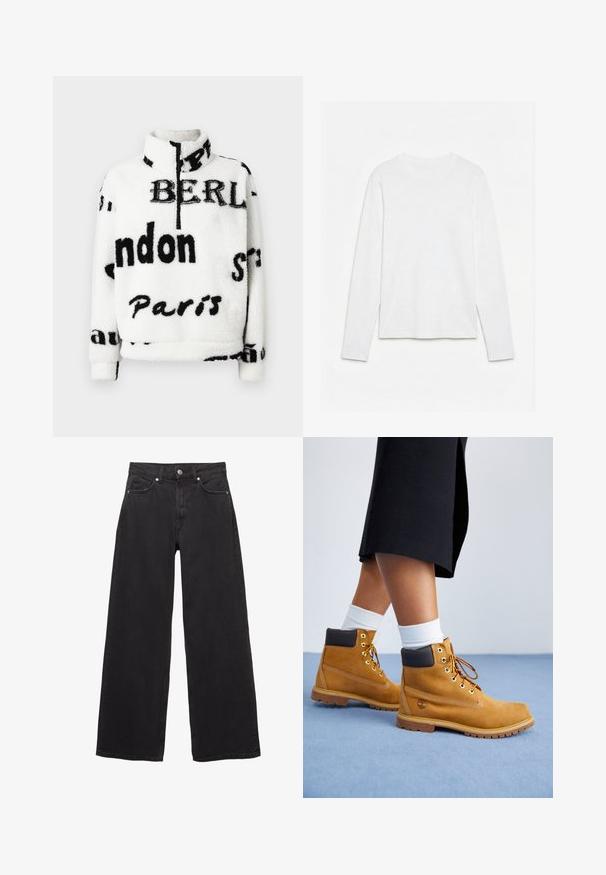 Hvid fleece-pullover med høj krave, prydet med sort tekst, der inkluderer bynavne. Blød tekstur og halv-lynlås foran.; Helt hvid langærmet t-shirt med rund hals lagt fladt på en hvid overflade, der viser fronten og hele ærmelængden.; Sorte denim-jeans med brede ben, høj talje, fem lommer og knappelukning med diskrete syningsdetaljer.; Tan ruskindsankelstøvler med brune læderdetaljer, guldøjer og en struktureret sål. Hvide sokker synlige over støvlerne.