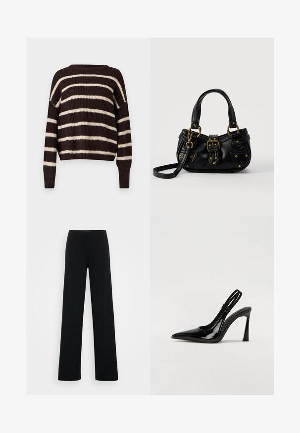 Strikket trøje med rund hals, der har kraftige striber i mørkebrun og creme. Kort design med ribbede manchetter og kant.; Vero Moda Tall VMBERLIN ZAMIRA WIDE - Bukser - black; Sorte patenterede lædersædler med spidse tæer, slank høj hæl og dobbelt elastisk rem for sikker pasform. Glat, skinnende overflade.; Sort læderhåndtaske med guldbælge og nitdetaljer, korte håndtag og en justerbar skulderrem på en ensfarvet hvid baggrund.