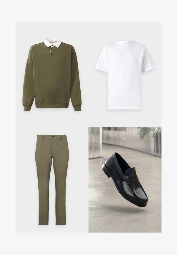 Pull en olive avec col blanc, patte de boutonnage à trois boutons, manches longues et bords côtelés. Texture douce.; T-shirt blanc à manches courtes en coton avec un col rond, présentant une texture lisse et un design simple, sans motifs ni accents.; Chinos kaki coupe slim pour homme avec passants de ceinture, fermeture à boutons devant et poches latérales, présentés sur un fond clair uni.; Mocassins en cuir noir à finition lisse, bout arrondi, coutures décoratives et semelle extérieure légèrement surélevée.