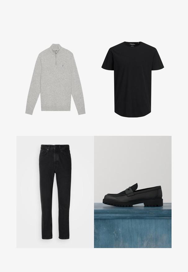 Grå pullover sweater lavet af blødt strikket stof, med en halv lynlås krave, ribbede ærmekanter og et lille broderet logo på brystet.; Sort kortærmet T-shirt lavet af økologisk bomuld. Har en rund halsudskæring og en lige pasform. Ingen synlige mønstre eller accenter.; Sorte denim jeans med lige ben-design, med knap- og lynlåslukning, forlommer og subtile teksturer.; Sort lædersko uden snørebånd med en tekstureret stofdetalje, en robust gummisål og en glat finish. Har diskrete syningsdetaljer.
