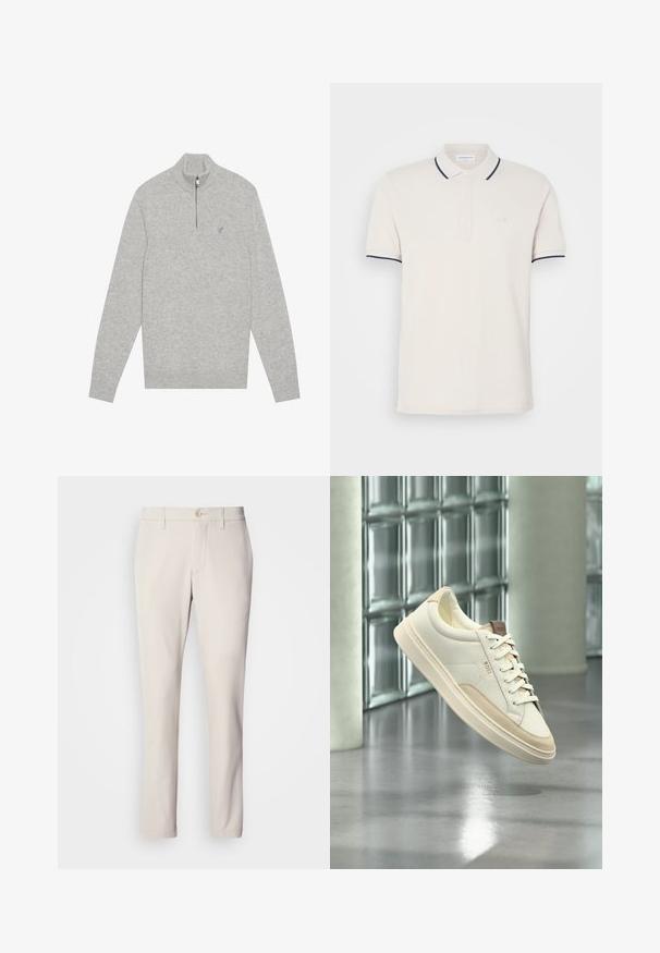 Grijze pullover trui gemaakt van zacht breisel, met een halve rits kraag, geribbelde manchetten en een klein geborduurd logo op de borst.; Crème polo shirt met een drieknoopsluiting, korte mouwen en marineblauwe accenten op de kraag en mouwen. Zachte katoenmix stof.; Beige broek met een slim fit, voorzien van een sluiting met een voorste knoop, een vlakke voorkant en een rechte pijp, gemaakt van een gladde katoenmix.; Witte lage sneaker met beige accenten en veters, met het merk "BOSS", zwevend boven een gepolijste vloer met een glasblokken muur op de achtergrond.