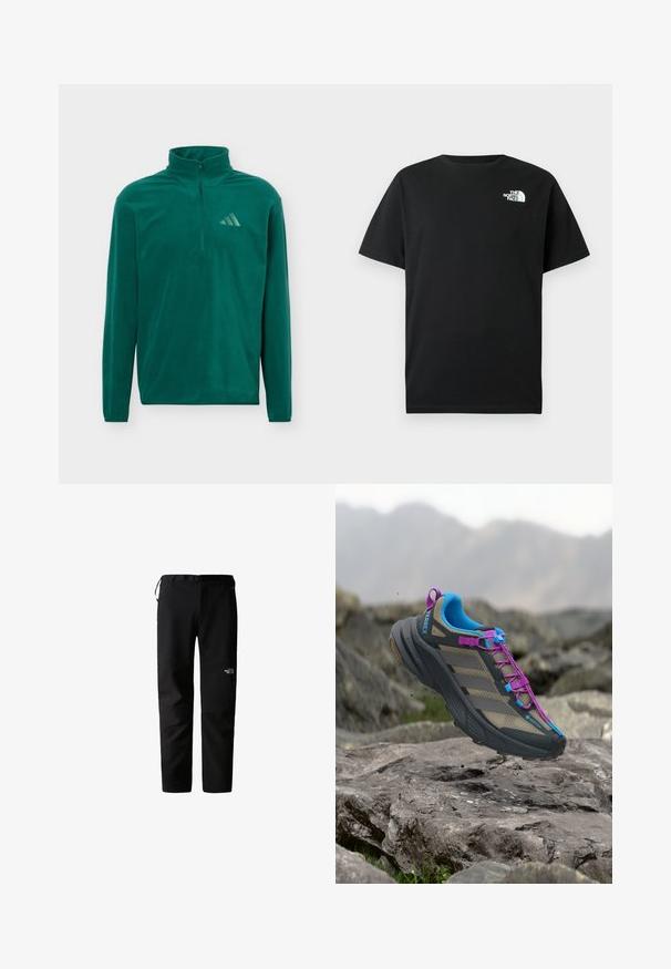 Tealgrüner Fleecepullover mit langen Ärmeln, Viertel-Reißverschluss und Adidas-Logo auf der linken Brust, einfarbiger Hintergrund.; Schwarzes Baumwoll-T-Shirt mit kurzen Ärmeln, Rundhalsausschnitt und weißem Logo auf der linken Brust. Einfaches, schmuckloses Design.; Schwarze Outdoor-Hosen mit schlankem Design, gefertigt aus einem strapazierfähigen, leichten Stoff. Mit Gürtel, Seitentaschen und einem Logo am Oberschenkel.; Trailrunning-Schuh mit grauen, blauen und violetten Details über felsigem Gelände und verschwommenem Berg-Hintergrund.