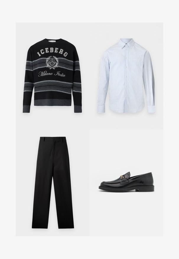 Sort og gråt stribet langærmet sweater med "ICEBERG", et våbenskjold og "Milano Italia" broderet på fronten.; Lyseblå og hvide lodrette stribet skjorte med lange ærmer, en forlommer og hvide knapper ned gennem midten.; Sorte bukser lavet af bomuld med lige ben-design, der har en frontknaplukning og sidelommer. Glat tekstur, ingen mønstre.; Sorte læder loafers med en rund tå, der har guld hardware accent og syningsdetaljer, placeret på en lav, tekstureret gummisål.