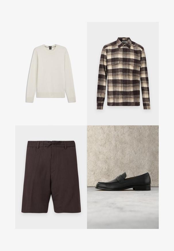 Pull crème à manches longues avec col rond, poignets et ourlet côtelés, étiqueté Boss, présenté sur fond blanc.; Chemise en flanelle à boutons avec motif à carreaux marron, beige et crème, manches longues, deux poches poitrine et col.; Shorts marron foncé mi-longueur avec ceinture à cordon et passants pour ceinture, présentant un design simple et épuré sur fond blanc.; Mocassin en cuir noir flottant au-dessus d'un tapis beige avec une table ronde brune brillante en arrière-plan.