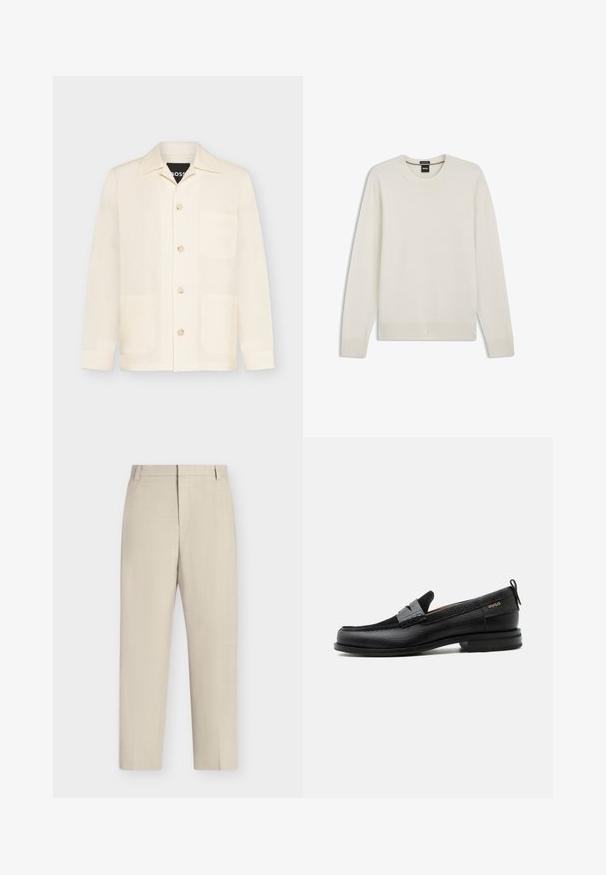 Pull crème à manches longues avec col rond, poignets et ourlet côtelés, étiqueté Boss, présenté sur fond blanc.; Veste crème à boutons avec un col et trois poches avant, présentée sur un fond clair uni.; Pantalon beige à jambe droite avec passants de ceinture, fermeture éclair à l’avant et coupe ajustée sur un fond blanc uni.; Mocassin en cuir noir avec détail de bride grise, talon bas et semelle texturée, marqué "HUGO" en or sur le côté.