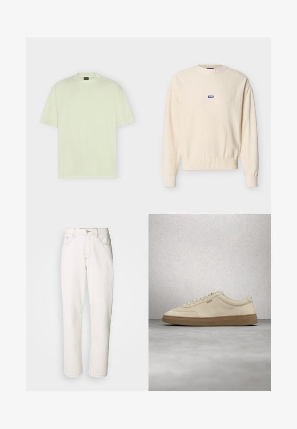 Pull à manches longues de couleur crème avec poignets et ourlet côtelés, encolure ronde, et petit patch logo "HUGO" bleu centré sur la poitrine.; T-shirt uni vert clair à manches courtes et col rond avec une petite étiquette BOSS noire et orange sur le col.; Jean en denim blanc avec une coupe droite, présentant des coutures piquées, un bouton en métal et une construction classique à cinq poches.; Baskets en daim beige clair avec une semelle en caoutchouc gomme, des lacets prononcés et des détails de couture subtils. Design épuré avec une esthétique minimaliste.
