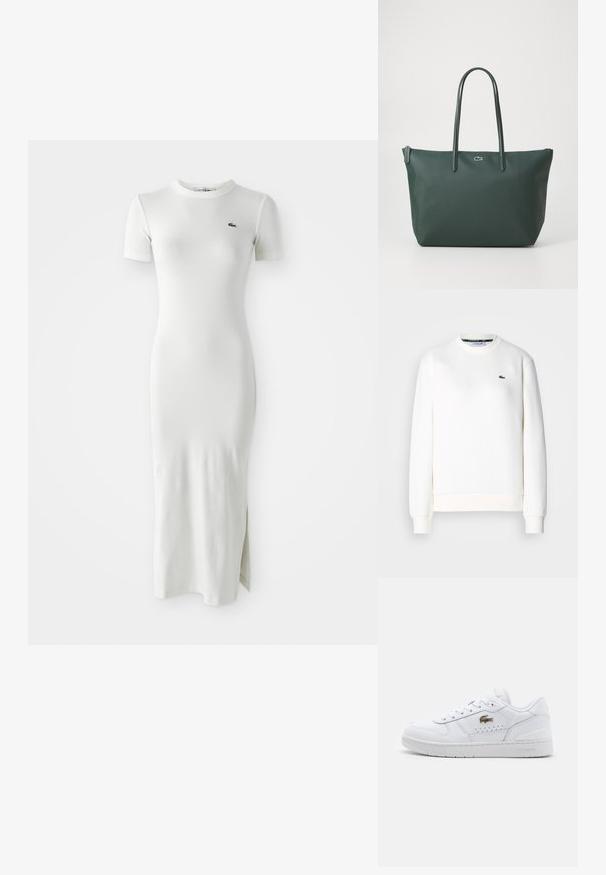 Sudadera blanca de mezcla de algodón, con un cuello redondo, puños de canalé y un pequeño logotipo verde en el pecho. Textura suave.; Vestido midi blanco de canalé con mangas cortas, cuello redondo y abertura lateral. Cuenta con un pequeño logo verde en el pecho. Textura suave y ajustada.; Zapatillas de cuero blanco con un acabado suave, puntera redonda, perforaciones en el lateral para transpirabilidad y un logo dorado de Lacoste en el lado exterior.; Bolso tote de color verde oscuro hecho de material texturizado con dos asas largas, que presenta un pequeño logotipo en la parte frontal y un cierre de cremallera.