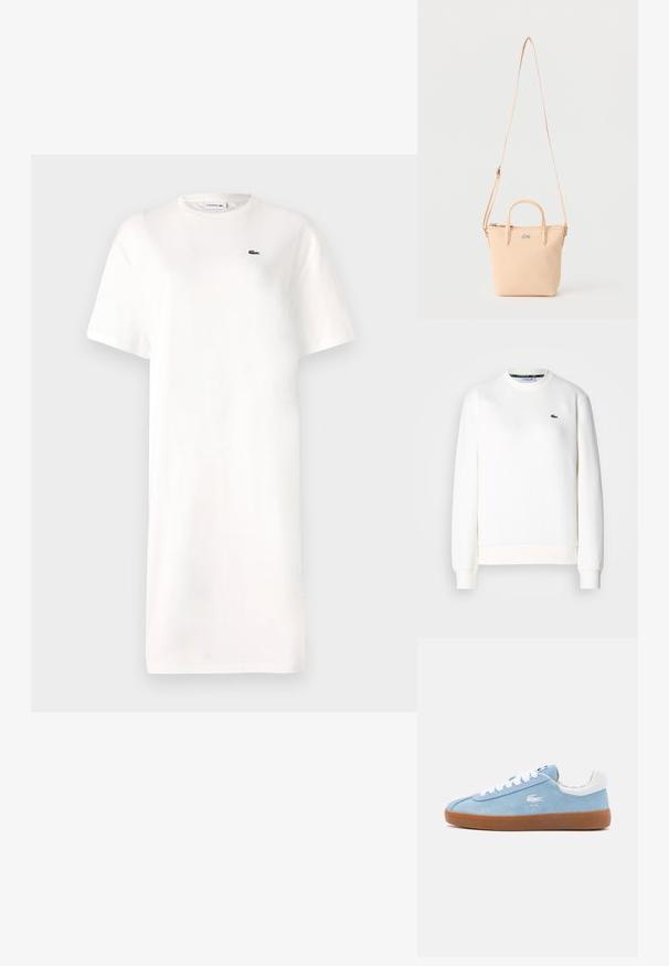 Sudadera blanca de mezcla de algodón, con un cuello redondo, puños de canalé y un pequeño logotipo verde en el pecho. Textura suave.; Vestido blanco de camiseta hecho de algodón, con cuello redondo, mangas cortas y un pequeño logo verde en el pecho. Silueta simple y recta.; Zapatilla de ante azul claro con cordones y talón blancos, suela de goma beige y logo bordado en el costado. Diseño clásico de bota baja.; Bolso pequeño beige con dos asas cortas, correa de hombro larga y ajustable, y logotipo de cocodrilo en el frente.