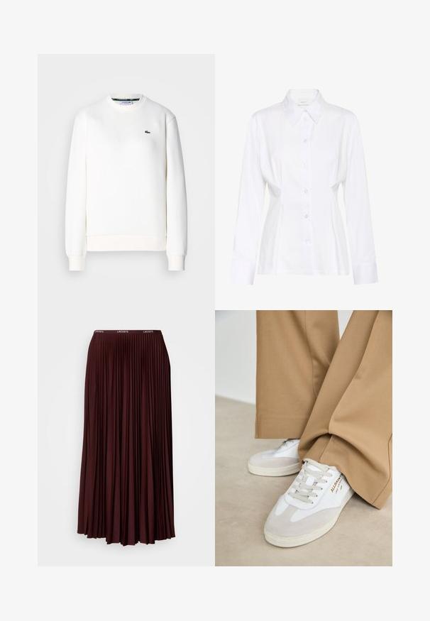 Witte sweatshirt gemaakt van een katoenmix, met een ronde halslijn, geribde manchetten en een klein groen logo op de borst. Soepele textuur.; Witte blouse met lange mouwen, knopen aan de voorkant, een puntige kraag, een aangesloten taille en een zichtbaar merklabel "Gestuz" aan de binnenkant van de kraag.; Bordeaux plissé rok van zachte stof met een elastische tailleband en een subtiele logo. Volledige lengte ontwerp met verticale plooien.; Witte sneakers met suède accenten, gestructureerde veters en een rubberen zool. Gecombineerd met losse beige broek. Logo zichtbaar aan de zijkant.
