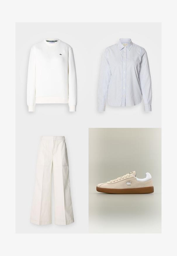 Witte sweatshirt gemaakt van een katoenmix, met een ronde halslijn, geribde manchetten en een klein groen logo op de borst. Soepele textuur.; Blauw-wit gestreept overhemd met knopen, een klassieke kraag, lange mouwen en een rechte zoom. De stof heeft een gladde textuur.; Wijdvallende broek van witte katoen, met steekzakken aan de voorkant en gedetailleerde stiksels. Gladde textuur met een strak, minimalistisch ontwerp.; Beige suède sneaker met witte accenten en rubberen zool. Beschikt over een verhoogd logo aan de zijkant en contrasterende beige veters. Klassiek ontwerp.