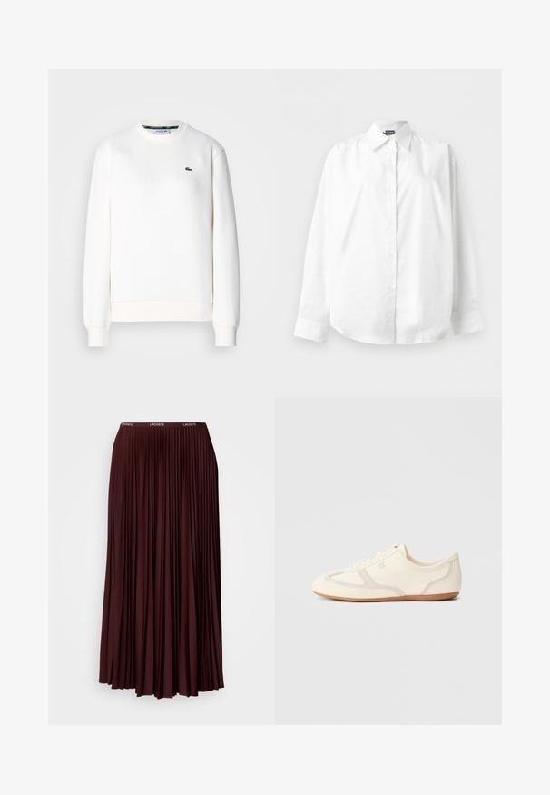 Sweatshirt blanc en mélange de coton, avec un col rond, des poignets côtelés et un petit logo vert sur la poitrine. Texture lisse.; Chemise blanche à manches longues avec col pointu, boutonnée, présentée à plat sur un fond blanc uni.; Jupe plissée bordeaux en tissu doux avec une taille élastique arborant un logo discret. Modèle longueur complète avec des plis verticaux.; Baskets couleur crème avec une tige en daim et tissu, un bout arrondi, et une semelle en caoutchouc avec un détail accent beige. Fermeture à lacets.