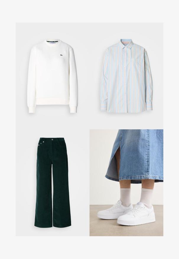 Weißes Sweatshirt aus Baumwollmischung mit rundem Ausschnitt, gerippten Bündchen und kleinem grünem Logo auf der Brust. Angenehme, glatte Textur.; Hellblaues Button-Up-Hemd mit vertikalen Streifen in Weiß und sanftem Rosa. Enthält eine Brusttasche und kontrastierende gestreifte Manschetten. Weicher Stoff.; Weite Cordhosen in Dunkelgrün. Verfügen über eine horizontale, gerippte Textur, Vordertaschen und einen Knopfverschluss mit Markenakzenten.; Weiße Sneaker aus strukturiertem Leder mit einer Plateausohle, runder Spitze und Schnürsystem; kombiniert mit hellgrauen Sneakersocken und einem Jeansrock.