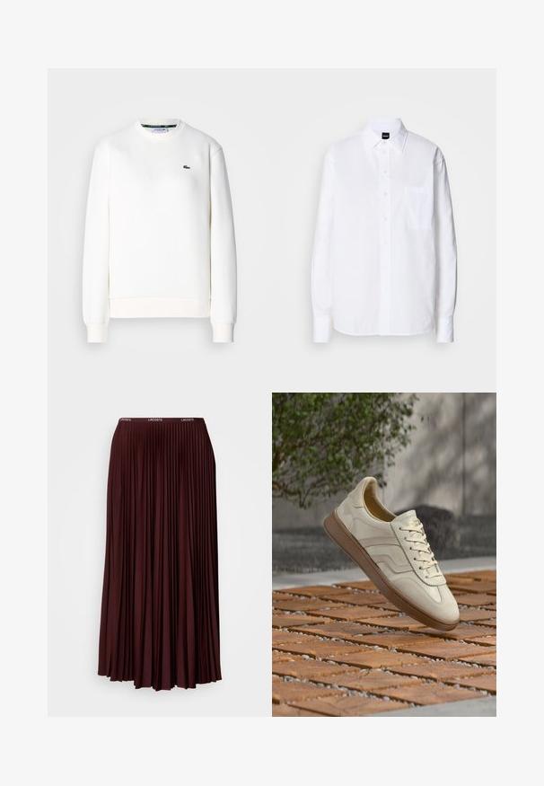 Witte sweatshirt gemaakt van een katoenmix, met een ronde halslijn, geribde manchetten en een klein groen logo op de borst. Soepele textuur.; Wit katoenen overhemd met een klassieke kraag, lange mouwen, een borstzak en een gladde, frisse textuur.; Bordeaux plissé rok van zachte stof met een elastische tailleband en een subtiele logo. Volledige lengte ontwerp met verticale plooien.; Sneaker in roomkleur met een gestructureerde beige rubberen zool, vetersluiting en subtiele merkdetails aan de zijkant. Bovenwerk van glad leer.