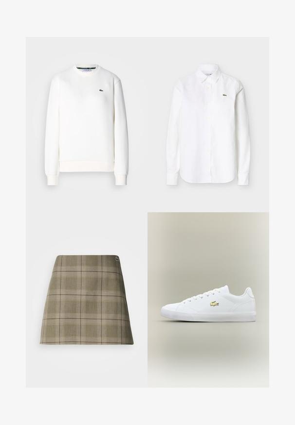 Witte sweatshirt gemaakt van een katoenmix, met een ronde halslijn, geribde manchetten en een klein groen logo op de borst. Soepele textuur.; Wit overhemd met lange mouwen en knopen, voorzien van een kraag en een klein groen krokodillenlogo op de linkerborst.; Geruite mini-rok in olijfgroen en beige, met een rechte snit, een subtiele textuur en een klein logo-accent bij de tailleband.; Witte sneaker van glad leer met een ronde neus, platte veters en een klein gouden logo. Heeft een gestructureerde rubberen zool en een eenvoudig ontwerp.