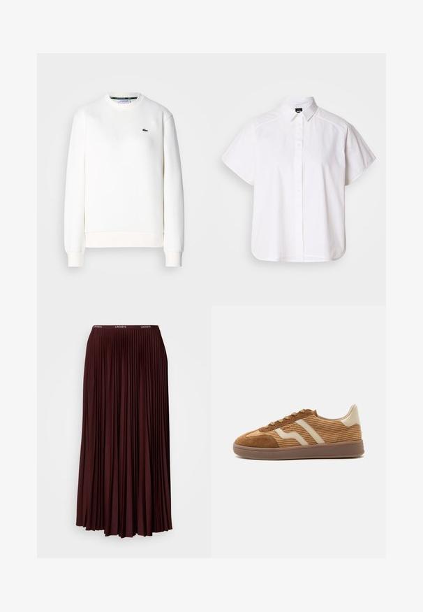 Witte sweatshirt gemaakt van een katoenmix, met een ronde halslijn, geribde manchetten en een klein groen logo op de borst. Soepele textuur.; Witte kortemouw overhemd met knopen, voorzien van een puntige kraag en een gebogen zoom. Gemaakt van katoen met een gladde textuur en zonder zichtbare patronen.; Bordeaux plissé rok van zachte stof met een elastische tailleband en een subtiele logo. Volledige lengte ontwerp met verticale plooien.; Bruine suède en corduroy sneaker met beige golvende strepen, veters en een rubberen zool op een witte achtergrond, zijaanzicht.
