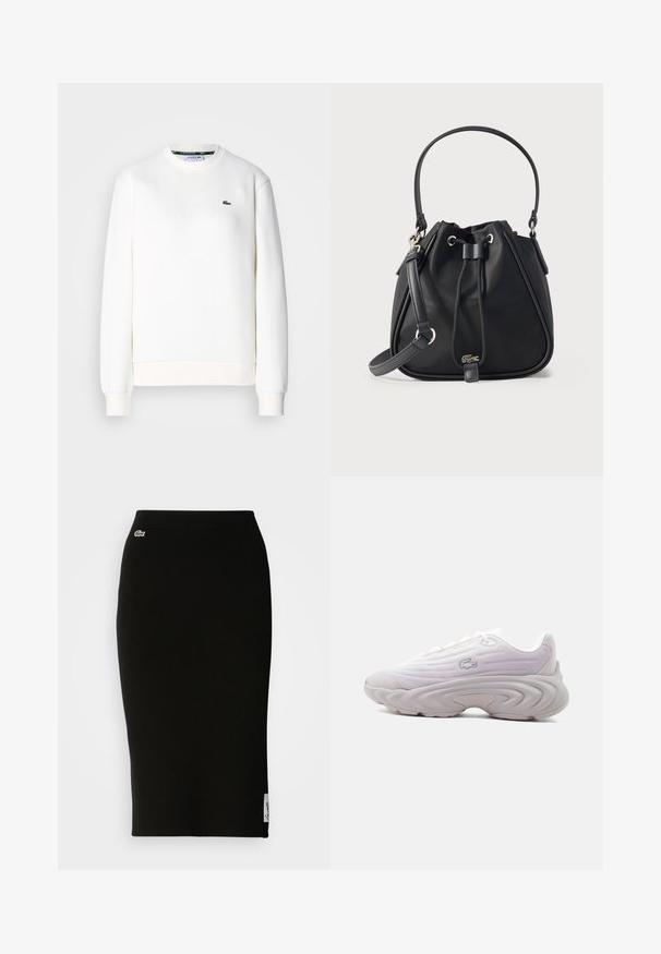 Witte sweatshirt gemaakt van een katoenmix, met een ronde halslijn, geribde manchetten en een klein groen logo op de borst. Soepele textuur.; Zwarte geribbelde gebreide midi-rok met een nauwsluitende silhouet. Kleine Lacoste-logo detail op de tailleband, met een gladde textuur.; Witte lage sneaker met gestructureerde zool en krokodillenlogo aan de zijkant, gladde stoffen bovenkant en veterluiting, gezien vanaf linkerzijde.; Zwarte bucket-handtas met bovenhandvat en verstelbare schouderriem, trekkoordsluiting en klein zilveren krokodillenlogo midden voor.