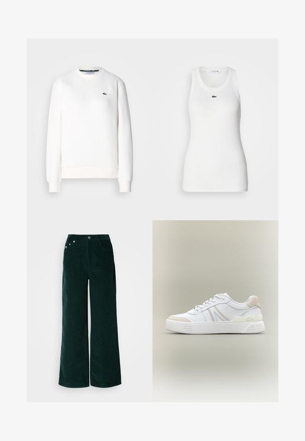 Weißes Sweatshirt aus Baumwollmischung mit rundem Ausschnitt, gerippten Bündchen und kleinem grünem Logo auf der Brust. Angenehme, glatte Textur.; Weißes ärmelloses Tanktop mit rundem Halsausschnitt und geripptem Material. Auf der Brust befindet sich ein kleines grünes Lacoste-Krokodil-Logo.; Weite Cordhosen in Dunkelgrün. Verfügen über eine horizontale, gerippte Textur, Vordertaschen und einen Knopfverschluss mit Markenakzenten.; Weißer Sneaker aus glattem Leder mit beigen Wildlederakzenten. Verfügt über eine runde Zehenpartie, Schnürverschluss und eine strukturierte Gummisohle. Seitliches Logo-Detail.