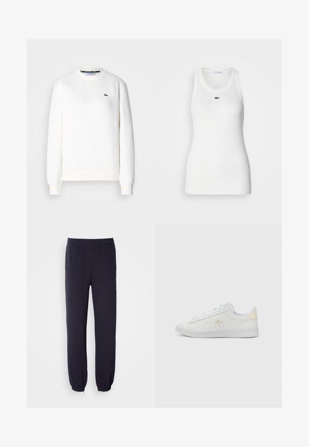 Sweatshirt blanc en mélange de coton, avec un col rond, des poignets côtelés et un petit logo vert sur la poitrine. Texture lisse.; Débardeur blanc sans manches avec un col rond et une texture côtelée. Présente un petit logo crocodile vert de Lacoste sur la poitrine.; Pantalons de survêtement navy avec une taille élastique et des ourlets resserrés. Fabriqués à partir d'un tissu doux avec une texture lisse, sans motifs ni embellissements visibles.; Sneaker blanche avec une tige en cuir lisse, bout rond, lacets blancs plats, détail logo doré sur le côté et accent beige sur le talon.